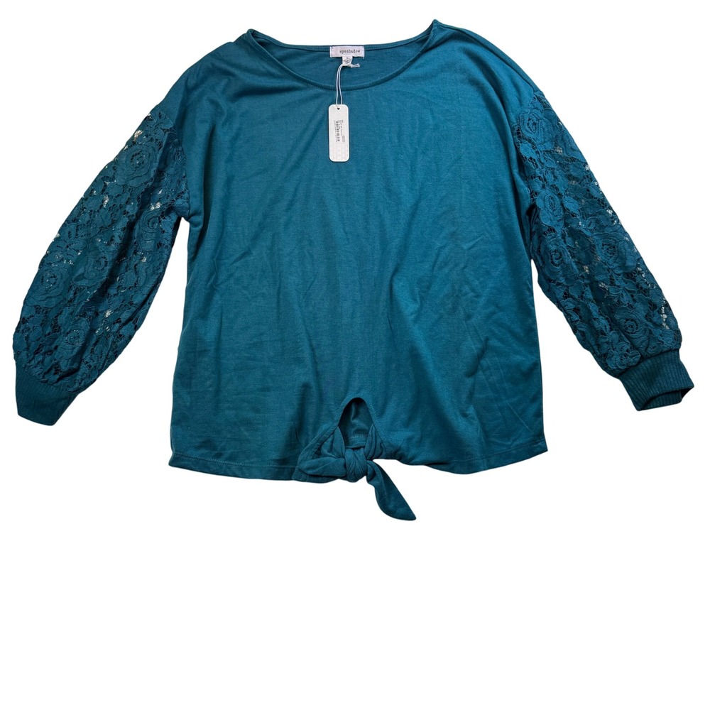 Eyeshadow Lace Sleeve Tie-Front Top Teal Blue Blouse Knit Small